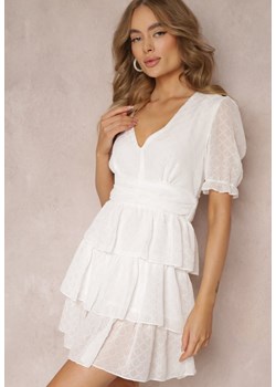 Biała Marszczona Sukienka Mini z Falbankami i Metaliczną Nitką Elody ze sklepu Renee odzież w kategorii Sukienki - zdjęcie 157234258