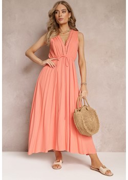 Pomarańczowa Rozkloszowana Sukienka Maxi z Gumką w Talii i Ozdobnymi Guzikami z Wiskozy Vianna ze sklepu Renee odzież w kategorii Sukienki - zdjęcie 157234378