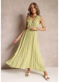Zielona Rozkloszowana Sukienka Maxi z Gumką w Talii i Ozdobnymi Guzikami z Wiskozy Vianna ze sklepu Renee odzież w kategorii Sukienki - zdjęcie 157234388