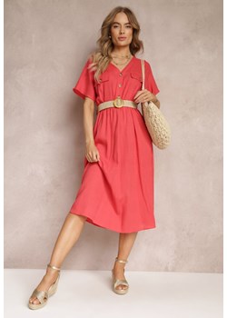 Czerwona Koszulowa Sukienka Midi z Bawełny z Gumką w Talii i Plecionym Paskiem Emera ze sklepu Renee odzież w kategorii Sukienki - zdjęcie 157234505