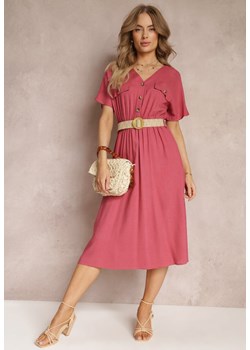 Ciemnoróżowa Koszulowa Sukienka Midi z Bawełny z Gumką w Talii i Plecionym Paskiem Emera ze sklepu Renee odzież w kategorii Sukienki - zdjęcie 157234515