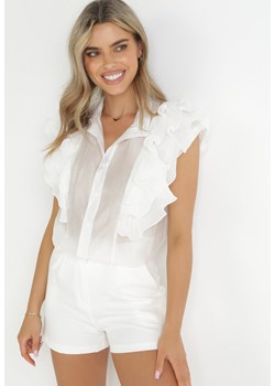 Biała Koszulowa Bluzka z Plisowaną Falbaną na Ramionach Shyllita ze sklepu Born2be Odzież w kategorii Bluzki damskie - zdjęcie 157267567