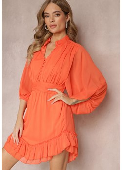 Pomarańczowa Sukienka Mini z Ozdobnymi Guzikami i Rękawem 3/4 Parissa ze sklepu Renee odzież w kategorii Sukienki - zdjęcie 157270108