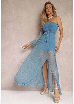 Niebieska Asymetryczna Sukienka Maxi z Gumką i Wiązanym Paskiem w Talii Saminta ze sklepu Renee odzież w kategorii Sukienki - zdjęcie 157270128