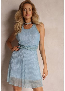 Niebieska Błyszcząca Sukienka Mini z Gumką w Talii i Wiązaniem na Szyi Brecklyn ze sklepu Renee odzież w kategorii Sukienki - zdjęcie 157270148