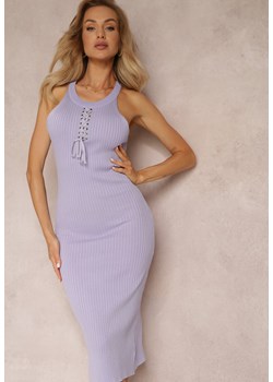 Fioletowa Sukienka Midi bez Rękawów z Ozdobnym Dekoltem z Prążkowanej Wiskozy Lucida ze sklepu Renee odzież w kategorii Sukienki - zdjęcie 157270238