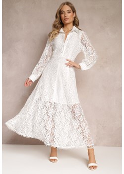 Biała Koszulowa Sukienka Maxi z Ozdobnymi Guzikami i Cyrkoniami z Koronkowej Tkaniny Armina ze sklepu Renee odzież w kategorii Sukienki - zdjęcie 157270248
