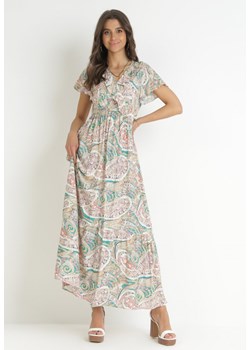 Zielona Sukienka z Wiskozy w Etno Wzór z Gumką w Talii Munira ze sklepu Born2be Odzież w kategorii Sukienki - zdjęcie 157270748
