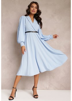 Jasnoniebieska Rozkloszowana Sukienka z Paskiem i Długim Rękawem Malaiyah ze sklepu Renee odzież w kategorii Sukienki - zdjęcie 157284646
