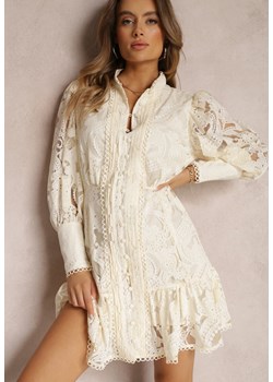Beżowa Sukienka Koronkowa z Falbanką Hermamna ze sklepu Renee odzież w kategorii Sukienki - zdjęcie 157297259