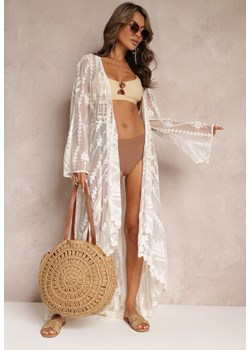Jasnobeżowa Koronkowa Narzutka Sukienka Maxi z Głębokim Dekoltem i Długimi Rękawami Brianie ze sklepu Renee odzież w kategorii Odzież plażowa - zdjęcie 157297305