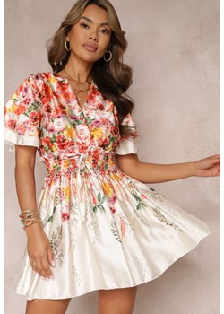 Beżowa Rozkloszowana Sukienka Mini z Kopertowym Dekoltem w Kwiaty Cecille ze sklepu Renee odzież w kategorii Sukienki - zdjęcie 157297505