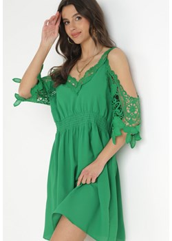 Zielona Sukienka Mini Hiszpanka na Ramiączkach z Koronkowymi Rękawami i Gumką w Pasie Giovati ze sklepu Born2be Odzież w kategorii Sukienki - zdjęcie 157298135