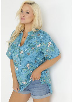Niebieska Tunika z Szerokim Rękawem z Wiskozy w Kwiaty Hanina ze sklepu Born2be Odzież w kategorii Bluzki damskie - zdjęcie 157472569