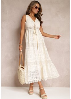 Beżowa Sukienka Maxi z Koronkowej Tkaniny z Wiązaniem przy Dekolcie Nodaia ze sklepu Renee odzież w kategorii Sukienki - zdjęcie 157472929