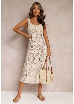 Beżowa Bawełniana Sukienka Maxi z Ażurowej Tkaniny na Szerokich Ramiączkach Alonza ze sklepu Renee odzież w kategorii Sukienki - zdjęcie 157473065