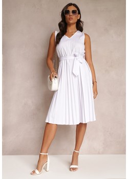 Biała Sukienka Midi z Plisowanej Tkaniny z Materiałowym Paskiem Eudoxia ze sklepu Renee odzież w kategorii Sukienki - zdjęcie 157473355