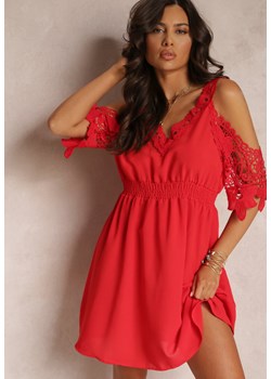 Czerwona Rozkloszowana Sukienka Mini z Gumką w Talii i Hiszpańskimi Rękawami z Koronką Carolta ze sklepu Renee odzież w kategorii Sukienki - zdjęcie 157473477