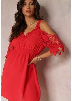 Czerwona Rozkloszowana Sukienka Mini z Gumką w Talii i Hiszpańskimi Rękawami z Koronką Carolta ze sklepu Renee odzież w kategorii Sukienki - zdjęcie 157473479