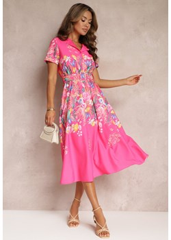 Różowa Rozkloszowana Sukienka Koszulowa w Kwiaty z Paskiem Iosette ze sklepu Renee odzież w kategorii Sukienki - zdjęcie 157473599