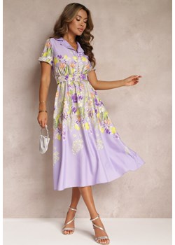 Fioletowa Rozkloszowana Sukienka Koszulowa w Kwiaty z Paskiem Iosette ze sklepu Renee odzież w kategorii Sukienki - zdjęcie 157473609