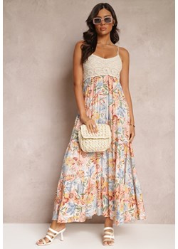 Beżowa Rozkloszowana Sukienka Maxi z Szydełkową Wstawką z Wiskozy w Kwiaty Carlos ze sklepu Renee odzież w kategorii Sukienki - zdjęcie 157488799
