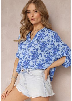 Niebieska Bluzka w Kwiaty z Długim Rękawem Lnise ze sklepu Renee odzież w kategorii Bluzki damskie - zdjęcie 157489089