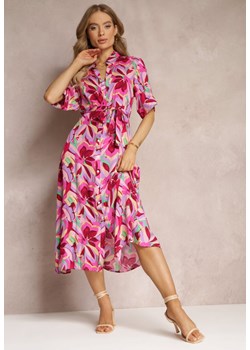 Fuksjowa Sukienka Koszulowa z Wiskozy i Wiązanym Paskiem Batin ze sklepu Renee odzież w kategorii Sukienki - zdjęcie 157489129