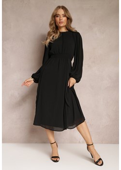 Czarna Rozkloszowana Sukienka Midi z Gumkami w Talii i Koronką Ottillda ze sklepu Renee odzież w kategorii Sukienki - zdjęcie 157489139