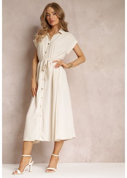 Beżowa Koszulowa Sukienka z Krótkimi Rękawami i Wiązanym Paskiem Denalia ze sklepu Renee odzież w kategorii Sukienki - zdjęcie 157489199