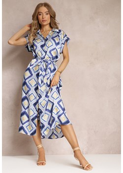 Niebieska Wzorzysta Sukienka Midi w Koszulowym Stylu z Materiałowym Paskiem Emelitta ze sklepu Renee odzież w kategorii Sukienki - zdjęcie 157489219
