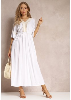 Biała Sukienka Maxi z Gumką w Talii z Ozdobnymi Chwostami z Wiskozy Zisel ze sklepu Renee odzież w kategorii Sukienki - zdjęcie 157489259
