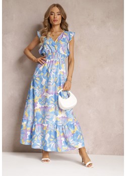Niebieska Rozkloszowana Sukienka w Kwiaty z Gumką w Pasie Viente ze sklepu Renee odzież w kategorii Sukienki - zdjęcie 157489275