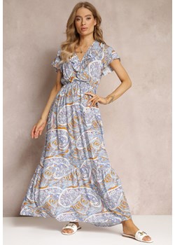 Niebieska Wiskozowa Sukienka z Gumką w Pasie i Kopertowym Dekoltem  Asima ze sklepu Renee odzież w kategorii Sukienki - zdjęcie 157489389