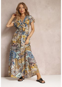 Żółto-Niebieska Sukienka z Kopertowym Dekoltem i Gumką w Talii z Wiskozy Haifa ze sklepu Renee odzież w kategorii Sukienki - zdjęcie 157489409