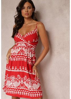 Czerwona Wiskozowa Sukienka z Gumką w Pasie w Etno Wzór Placenta ze sklepu Renee odzież w kategorii Sukienki - zdjęcie 157489419