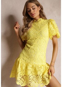 Żółta Sukienka z Koronkowym Haftem Paisley i Bufiastymi Rękawami Briena ze sklepu Renee odzież w kategorii Sukienki - zdjęcie 157494088