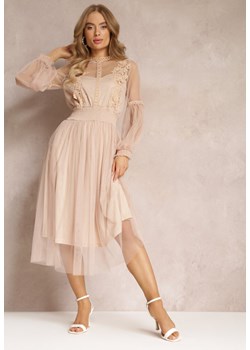 Beżowa Tiulowa Sukienka Rozkloszowana z Koronką Nirthe ze sklepu Renee odzież w kategorii Sukienki - zdjęcie 157494108