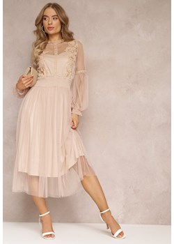 Beżowa Tiulowa Sukienka Rozkloszowana z Koronką Nirthe ze sklepu Renee odzież w kategorii Sukienki - zdjęcie 157494109