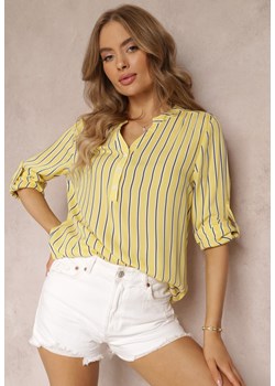 Żółta Koszula z Wiskozy w Paski i Trójkątnym Dekoltem Serenta ze sklepu Renee odzież w kategorii Koszule damskie - zdjęcie 157494188