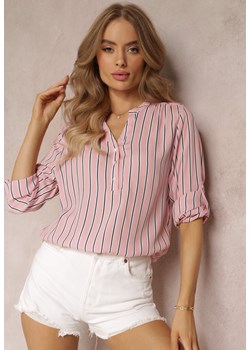 Różowa Koszula z Wiskozy w Paski i Trójkątnym Dekoltem Serenta ze sklepu Renee odzież w kategorii Koszule damskie - zdjęcie 157494198