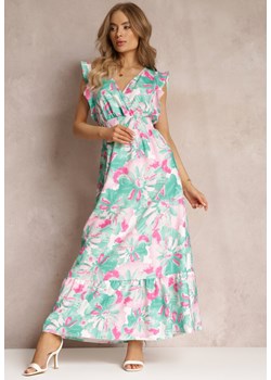 Jasnozielona Rozkloszowana Sukienka w Kwiaty z Gumką w Pasie Viente ze sklepu Renee odzież w kategorii Sukienki - zdjęcie 157494258