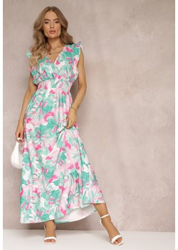 Jasnozielona Rozkloszowana Sukienka w Kwiaty z Gumką w Pasie Viente ze sklepu Renee odzież w kategorii Sukienki - zdjęcie 157494259
