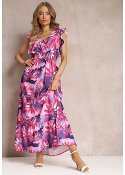 Fuksjowa Rozkloszowana Sukienka w Kwiaty z Gumką w Pasie Viente ze sklepu Renee odzież w kategorii Sukienki - zdjęcie 157494268