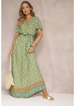 Zielona Sukienka Maxi z Paskiem i Gumką w Talii w Ornamentalny Wzór Calvim ze sklepu Renee odzież w kategorii Sukienki - zdjęcie 157494278