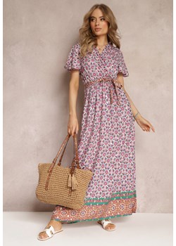 Różowa Sukienka Maxi z Paskiem i Gumką w Talii w Ornamentalny Wzór Calvim ze sklepu Renee odzież w kategorii Sukienki - zdjęcie 157494288