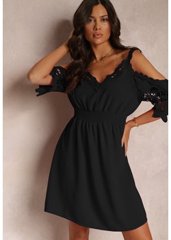 Czarna Rozkloszowana Sukienka Mini z Gumką w Talii i Hiszpańskimi Rękawami z Koronką Carolta ze sklepu Renee odzież w kategorii Sukienki - zdjęcie 157494298