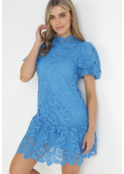 Niebieska Koronowa Sukienka ze Stójką i Bufiastym Rękawem Suminori ze sklepu Born2be Odzież w kategorii Sukienki - zdjęcie 157494396