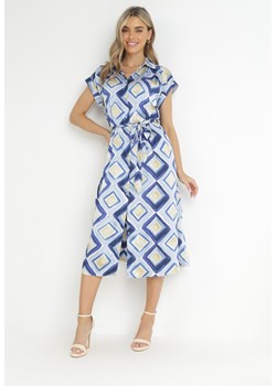 Niebieska Koszulowa Sukienka Midi z Geometrycznym Wzorem i Materiałowym Paskiem Eugenania ze sklepu Born2be Odzież w kategorii Sukienki - zdjęcie 157499266
