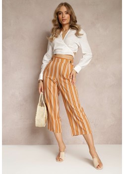 Pomarańczowe Szerokie Spodnie z Gumką w Pasie i Printem w Paski Jamiena ze sklepu Renee odzież w kategorii Spodnie damskie - zdjęcie 157514687